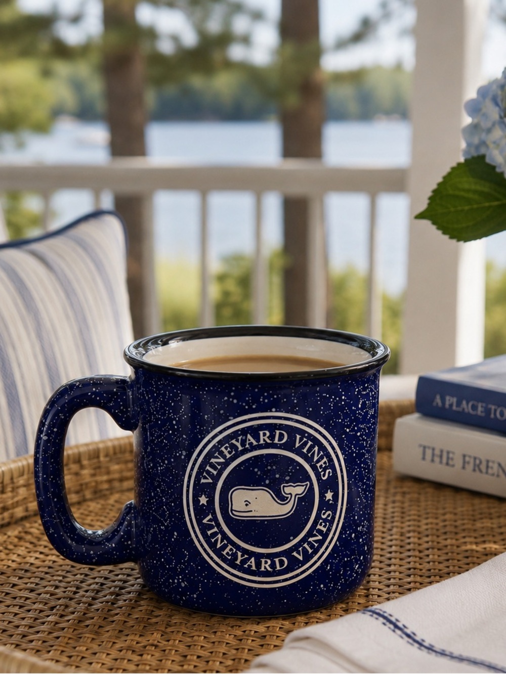 Vineyard Vines Navy Speckle Ceramic Camp Mug with Etched Whale Logo